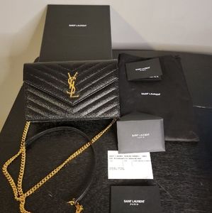 Saint Laurent Chain Wallet Envelope Black Calfskin Leather Cross Body Bag